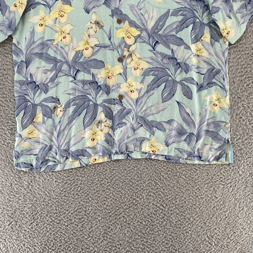 Tommy Bahama Camp Shirt Mens XL Blue Silk Hawaiian Orchid Short Sleeve Aloha